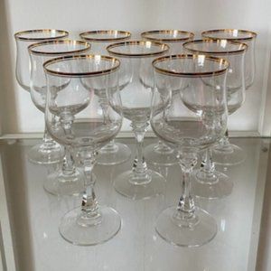 Gold Rimmed Crystal Wine Glasses (set of 9)